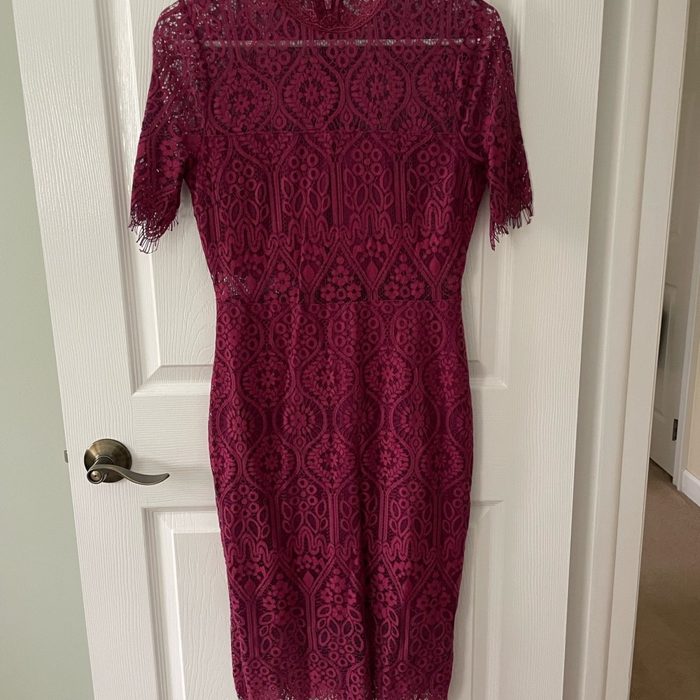 Lulu's Remarkable Burgundy Sheer Lace Midi Dress